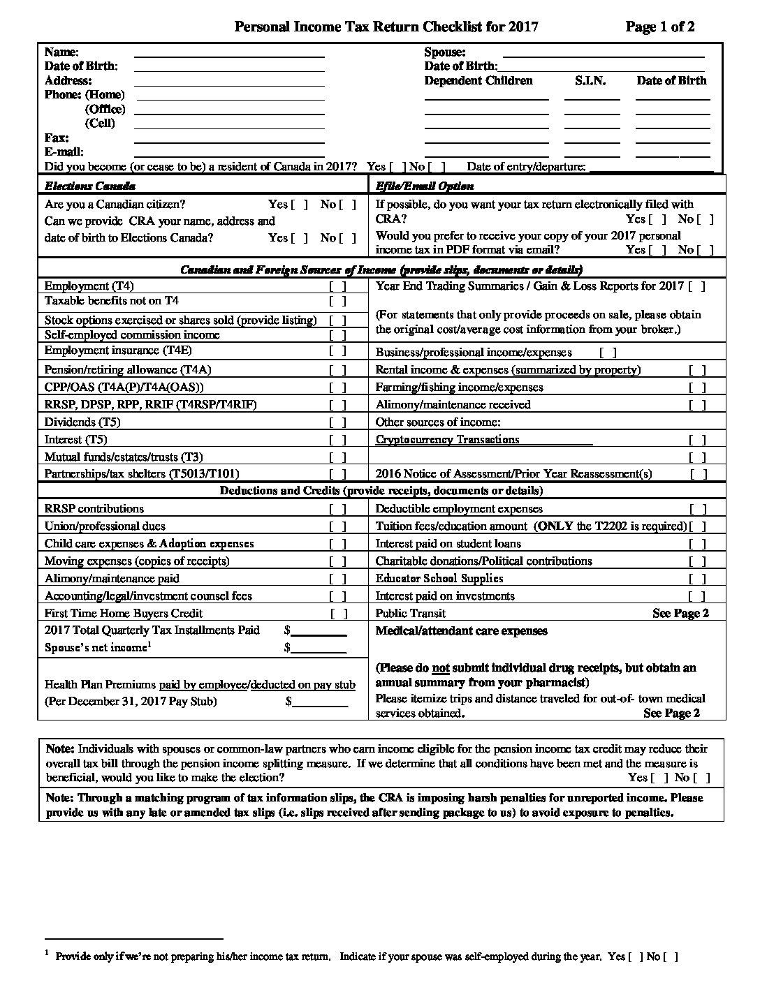 2017 Personal Tax Return Checklist Heary And Company